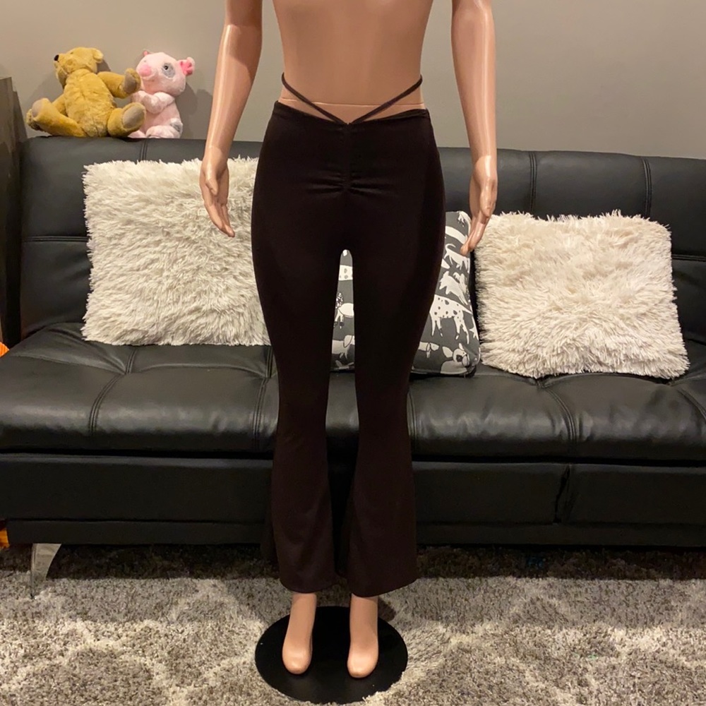 Chocolate Brown Tie Waist Flare Pants Ruched Bell Bottoms XS